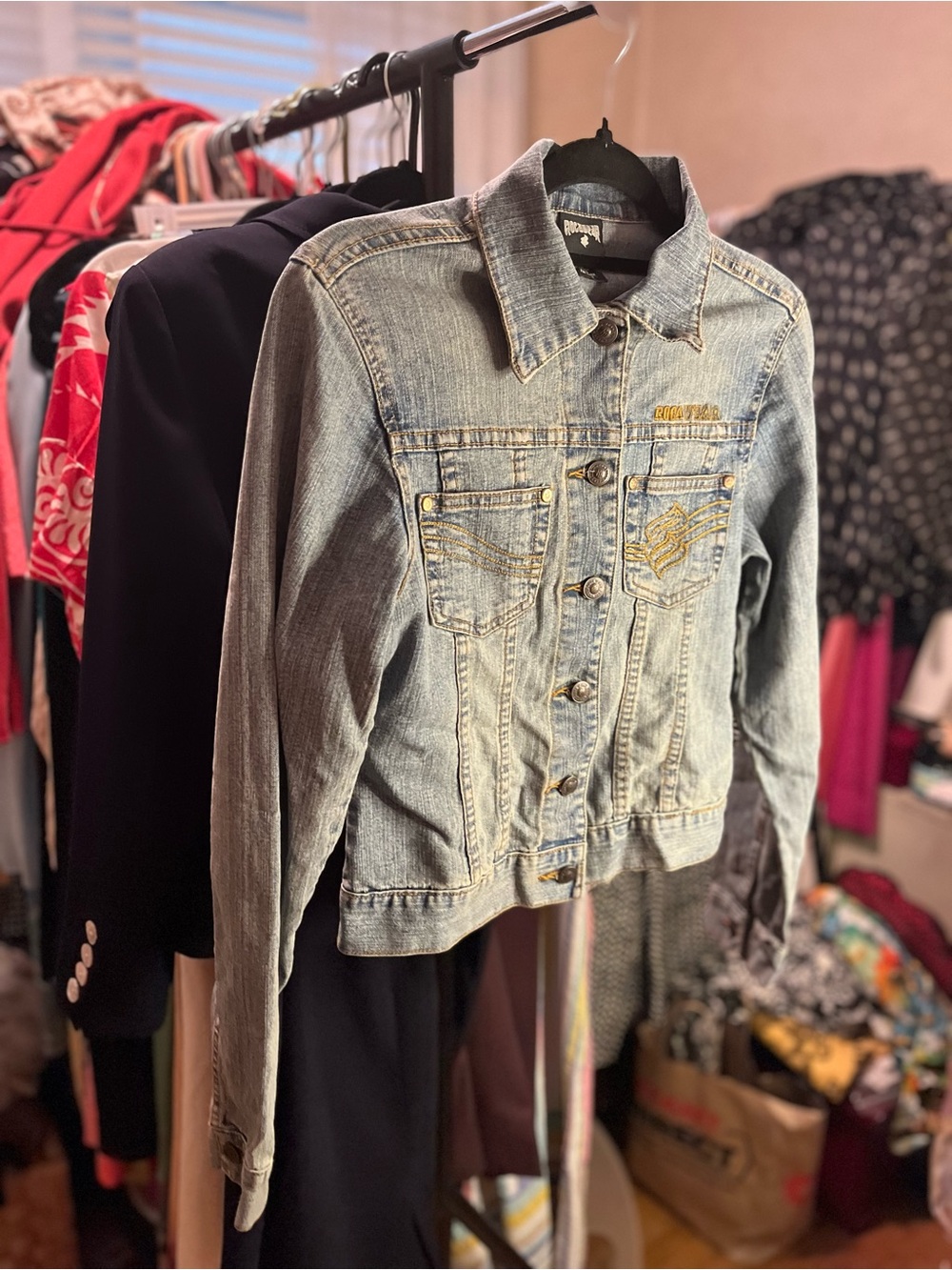 Rocawear Light Wash Denim Jacket with Gold Embroidery